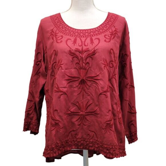 Parsley & Sage Tunic Top XL Maroon Embroidered Bohemian - Picture 2 of 12
